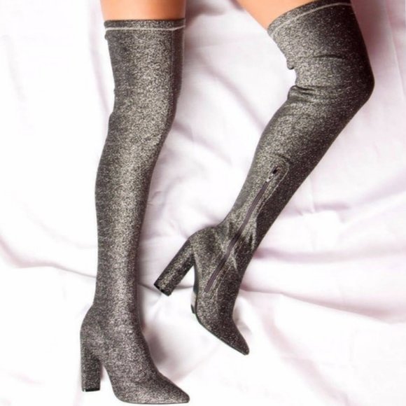 Stretch Thigh Hi Chunky Heel Boots in Pewter - Picture 5 of 5
